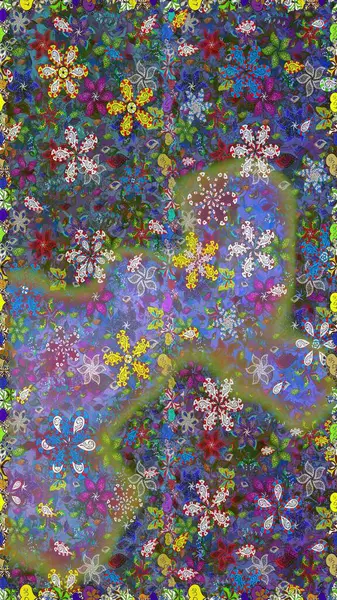 Çok mavi, zarif küçük çiçekler ve mavi renkli komik böcekler, raster desen, illüstrasyon.