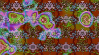 Raster illüstrasyonundaki çiçek desenli çizim. Çiçekler suluboya tarzında kahverengi, yeşil ve mavi renklerde.