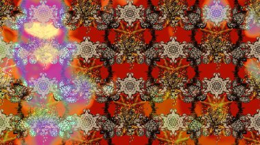 Asya tekstil tarzında. Çiçek desenli çizim. Kahverengi, bej ve kırmızı renkte çiçekler. Renkli Bahar Teması eskiz kalıbı. Raster illüstrasyonu. Düz Çiçek Elementleri Tasarımı.