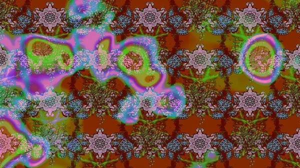 Raster illüstrasyonundaki çiçek desenli çizim. Çiçekler suluboya tarzında kahverengi, yeşil ve mavi renklerde.