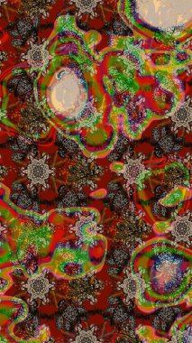 El çizimi çiçek unsurları olan soyut çizim raster deseni. Kahverengi, kırmızı ve yeşil kahverengi, kırmızı ve yeşil. Çiçekli ipek eşarp. 1950-1960 motifleri. Retro tekstil tasarım koleksiyonu.