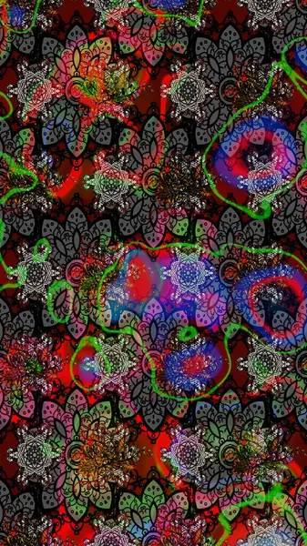 Raster illüstrasyonundaki çiçek desenli çizim. Düz Çiçek Elementleri Tasarımı. Renkli Bahar Teması eskiz kalıbı. Süslü kumaş deseni.