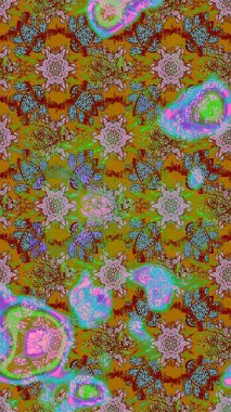 Çiçek buketleriyle klasik bir eskiz şekli. Raster illüstrasyonu. Kahverengi, yeşil ve kırmızı renklerde.