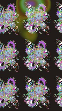 Raster Çiçek İllüstrasyonu güzel tekstil. Gri renkli etnik çiçeklerle zarif eskiz deseni.