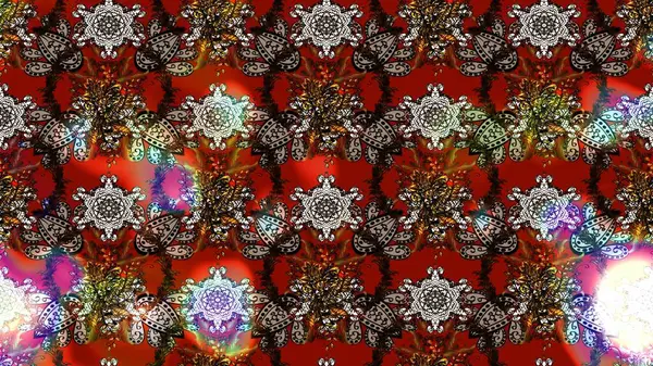 Parlak renkli çiçekleri ve kahverengi, kırmızı ve siyah renkte yaprakları olan harika bir çiçek deseni. Moda baskıları için zarif bir şablon. Halk tarzı. Modern çiçek arkaplanı.