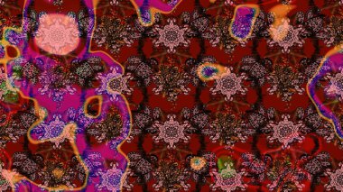 Raster illüstrasyonu. Asya tekstil tarzında. Raster illüstrasyonu. Kahverengi, kırmızı ve pembe renklerde çiçekler. Çiçek desenini çiz.