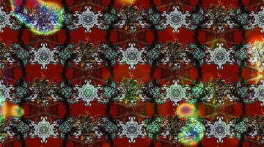 Çiçek desenli çizim. Kırmızı, kahverengi ve gri renklerde Asya tekstili. Raster illüstrasyonu.