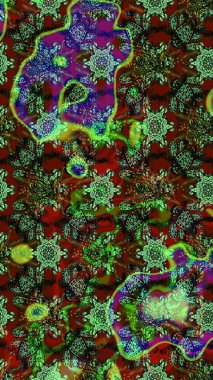 Tekrarlayan çiçek arkaplanı, zarif yeşil, kahverengi ve kırmızı çiçek duvar kağıdı. Yeşil, kahverengi ve kırmızı renkler üzerine çiçek desenli çizimler, el yapımı papatyalar, papatyalar..