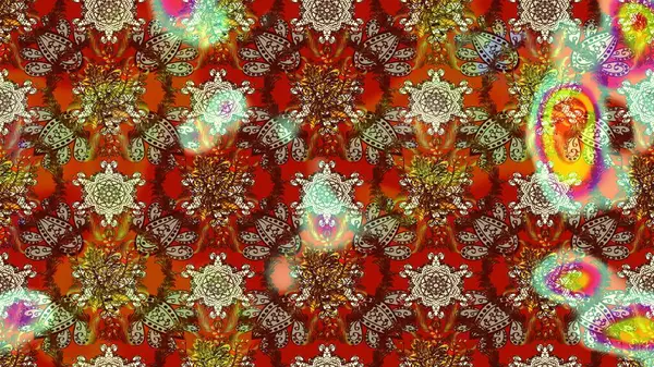 Çiçeksel elementlerle süslenmiş zarif raster dokusu. Küçük çiçekte hoş bir çiçek deseni var. Parlak çiçekli kahverengi, kırmızı ve nötr renkler üzerine soyut çizim deseni.