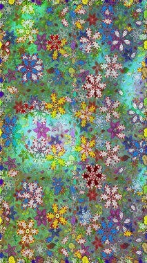 Suluboya, elle çizilmiş. Vadinin yeşil ve mavi renkli çiçekleri. Kusursuz bir arka plan modeli. Raster - stok.