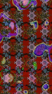 Raster Floral Illustration, Asyalı tekstil. Kırmızı, kahverengi ve gri renkte etnik çiçeklerle süslenmiş zarif eskiz deseni.