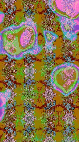 Yeşil, kahverengi ve kırmızı renklerde bahar çiçekleri. Patlayan çiçekler soyut olarak yerleştirilmiş. Raster illüstrasyonu. Raster deseni.