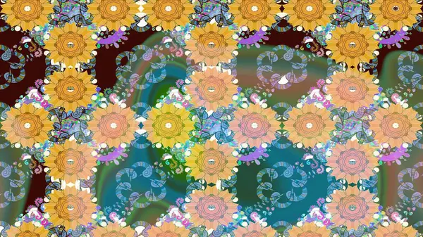 Soyut etnik raster çizim kalıbı. Vadinin yeşil renkli çiçekleri. Çiçekler..