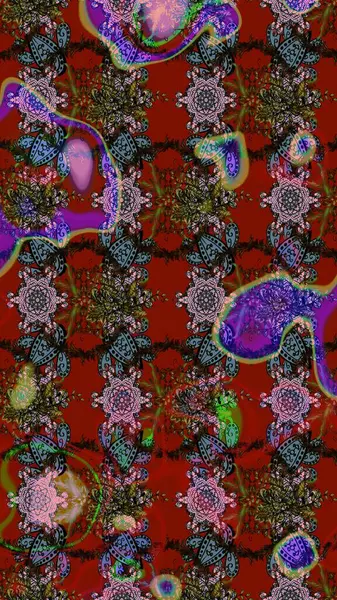 Raster Floral Illustration, Asyalı tekstil. Kırmızı, kahverengi ve gri renkte etnik çiçeklerle süslenmiş zarif eskiz deseni.