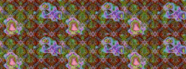 Raster illüstrasyonundaki çiçek desenli çizim. Çiçekler kahverengi, yeşil ve mavi renklerde.