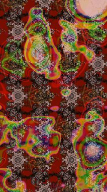 Suluboya elle çizilmiş çiçek desenli eskiz deseni. Parlak renkli fantezi çiçekleri, yapraklar, kahverengi, kırmızı ve nötr renklerde tomurcuklar kahverengi, kırmızı ve nötr.