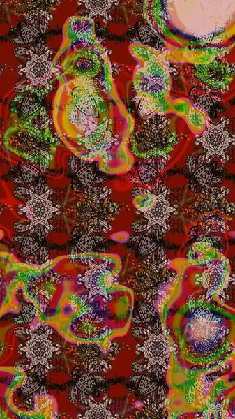 Suluboya elle çizilmiş çiçek desenli eskiz deseni. Parlak renkli fantezi çiçekleri, yapraklar, kahverengi, kırmızı ve nötr renklerde tomurcuklar kahverengi, kırmızı ve nötr.