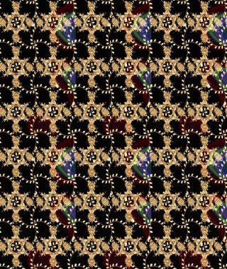 Tekstil, kumaş, kapak, baskı, paket, hatıra defteri, örtü, dekupaj için güzel bir eskiz. Küçük siyah, kahverengi ve bej renkli, çiçekli oldukça eski bir besin torbası deseni. Millefleurlar.