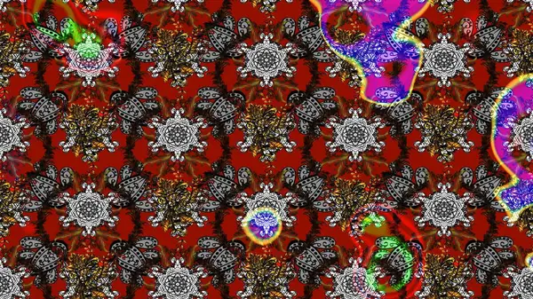 Raster illüstrasyonu. Gri, kırmızı ve kahverengi renklerde. Güzel kumaş deseni. Raster illüstrasyonunda çiçek deseni çizimi.