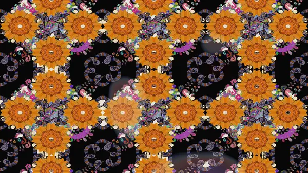 Turuncu renkli çiçekler. Raster illüstrasyonu. Raster illüstrasyonu. Asya tekstil tarzında. Çiçek desenini çiz.