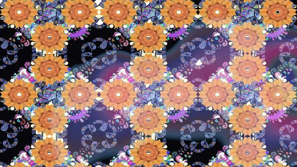 Moda baskıları için zarif bir şablon. Parlak renkli çiçekleri ve mor renkli yaprakları olan harika bir çiçek deseni. Modern çiçek arkaplanı. Halk stili.