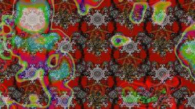 Kırmızı, kahverengi ve gri kırmızı, kahverengi ve gri. 1950-1960 motifleri. Çiçekli ipek eşarp. Retro tekstil tasarım koleksiyonu. El çizimi çiçek elementleri ile soyut çizim raster deseni.