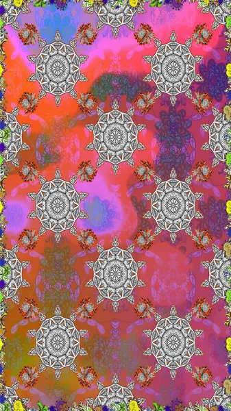 Kusursuz çiçek deseni. Asya tekstil tarzında. Renkli Bahar Temalı Kusursuz Arkaplan. Raster illüstrasyonu. Düz Çiçek Elementleri Tasarımı. Pembe ve gri renkte çiçekler.