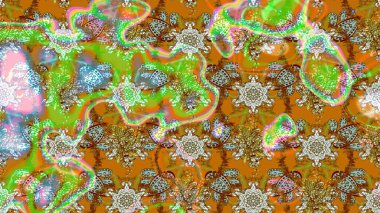 Üzerinde gelincikler ve vadi zambakları olan renkli çiçek desenli nakış deseni. Tekstil tasarımı için geleneksel Raster çiçek buketi kahverengi, yeşil ve nötr renklerde.