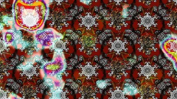 Çocuksu tasarım. Gri, kahverengi ve kırmızı arka planda. Tekstil, kumaş, ambalaj, hatıra defteri için hoş bir çiçek arkaplanı. Elle çizilmiş karalama çiçekleri ile Raster çizim deseni.