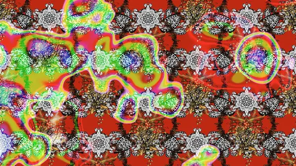 Raster illüstrasyonu. Gri, kırmızı ve kahverengi renkli Asya tekstili. Suluboya çiçekli çiçek deseni.