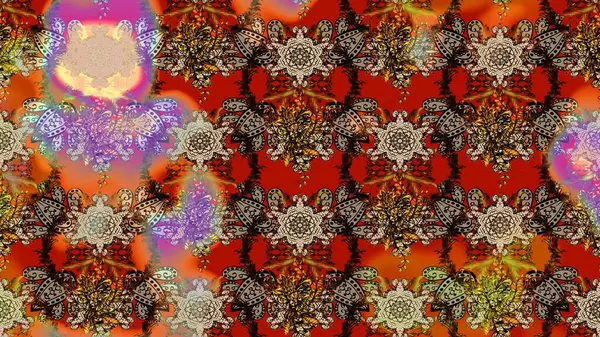 Eski usul. Renkli desenli eskiz deseni, kahverengi, bej, kırmızı çiçekler ve dekoratif elementler. Eskiz geçmişi. Kumaş, tekstil, duvar kağıdı baskısı için. Raster illüstrasyonu.