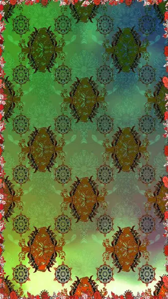 Elle çizilmiş çiçek deseni (fayans). Tekstil için dikişsiz suluboya desen. Sevimli çiçekler, desenli, yeşil ve kahverengi renklerle renksiz desen..