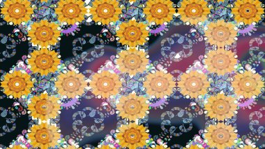 Sarı renklerde. Çiçek duvar kağıdı. Raster illüstrasyonu. Çizim kalıbı. Hint süsü. Renkli süs kenarı.