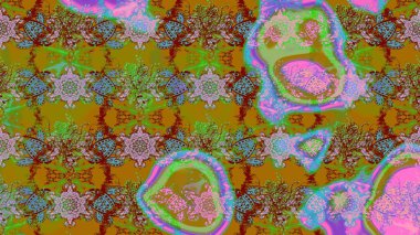 Patlayan çiçekler soyut olarak yerleştirilmiş. Yeşil, kahverengi ve kırmızı renklerde bahar çiçekleri. Raster deseni. Raster illüstrasyonu.