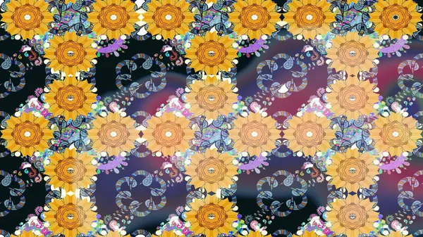 Sarı renklerde. Çiçek duvar kağıdı. Raster illüstrasyonu. Çizim kalıbı. Hint süsü. Renkli süs kenarı.