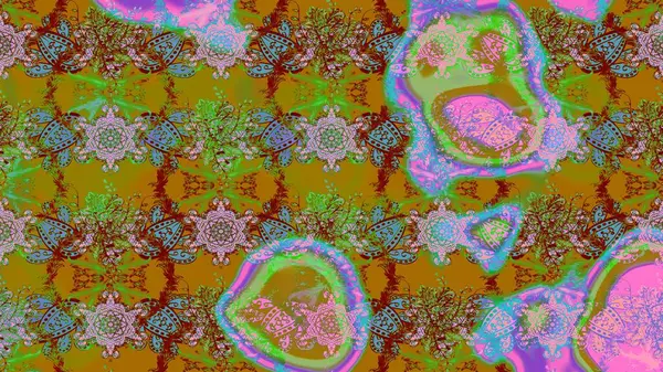 Patlayan çiçekler soyut olarak yerleştirilmiş. Yeşil, kahverengi ve kırmızı renklerde bahar çiçekleri. Raster deseni. Raster illüstrasyonu.