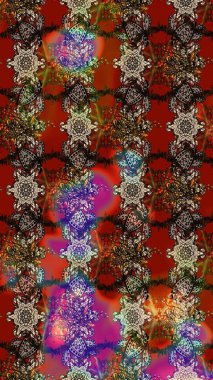 Raster illüstrasyonu. Kahverengi, kırmızı ve bej renklerde. Güzel kumaş deseni. Raster illüstrasyonunda çiçek deseni çizimi.