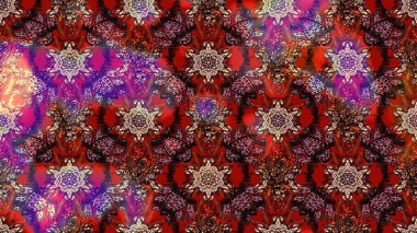 Modern çiçek arkaplanı. Moda baskıları için zarif bir şablon. Parlak renkli çiçekleri ve kahverengi, kırmızı ve pembe renkte yaprakları olan harika bir çiçek deseni. Halk stili.