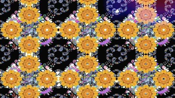 Güzel kumaş deseni. El çizimi. Raster illüstrasyonu. Çiçekler, dallar, otlar ve çiçekler.