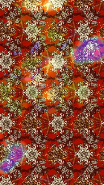 Renkli Bahar Teması eskiz kalıbı. Asya tekstil tarzında. Kahverengi, kırmızı ve bej renkli çiçekler. Düz Çiçek Elementleri Tasarımı. Raster illüstrasyonu. Çiçek desenini çiz.