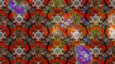 Raster illüstrasyonundaki çiçek desenli çizim. Çiçekler kahverengi, kırmızı ve gri renklerde.