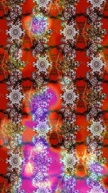 Kahverengi, kırmızı ve nötr renklerde çiçekler. Raster illüstrasyonu. Asya tekstil tarzında. Çiçek desenli çizim. Raster illüstrasyonu.