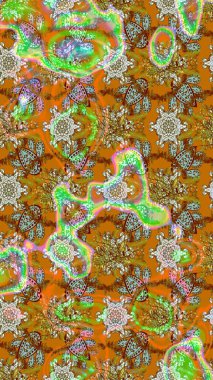 El çizimi çiçekli soyut çizim kalıbı. Kahverengi, turuncu ve yeşil renkli çiçekler. Raster illüstrasyonu.