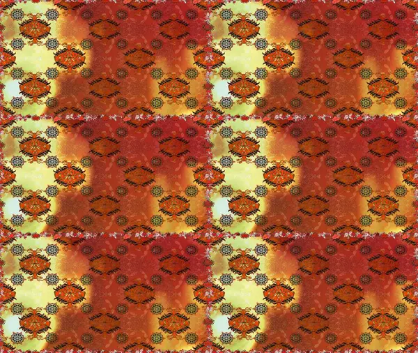 Çiçek ve yapraklı karalama şeklinde Raster çiçek deseni. Raster illüstrasyonu. Kahverengi ve turuncu renklerde bahar çiçekleri..