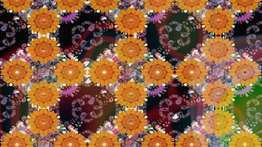 Arkaplan dokusu, duvar kağıdı, turuncu renkli çiçek teması. Kabile sanatı boho baskısı, klasik çiçek arkaplanı. Soyut etnik raster çizim kalıbı.
