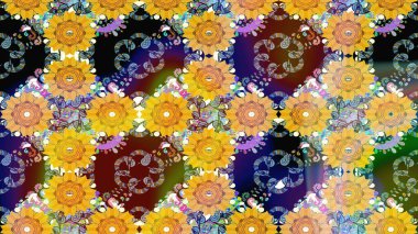 Oldukça eski bir besin torbası deseni, küçük sarı renkte, çiçekler. Millefleur 'lar. Tekstil, kumaş, kapaklar, duvar kağıtları, baskı, paket, koleksiyon defteri, örgü, dekupaj için çiçek arkaplanı..