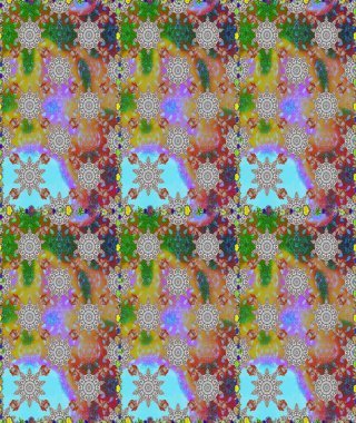 Kusursuz bir arka plan modeli. Raster - stok. Yapraklı çiçekler ve kır ve kahverengi renkli papatya çiçekleri..