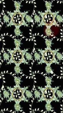 Siyah, nötr ve yeşil renklerde Asya tekstili. Çiçek desenli çizim. Raster illüstrasyonu.