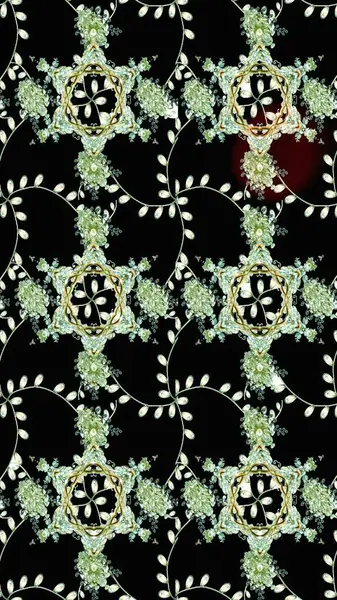 Siyah, nötr ve yeşil renklerde Asya tekstili. Çiçek desenli çizim. Raster illüstrasyonu.