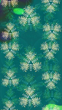 Yumuşak, bahar çiçekleri mavi ve yeşil renklerde. Raster deseni. Patlayan çiçekler soyut olarak yerleştirilmiş. Raster illüstrasyonu.